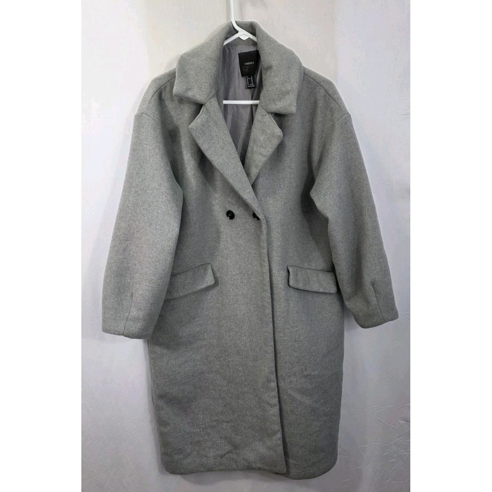 Forever21 Womens Long Wool Coat Med Lined Double Breasted Midi Light Gray